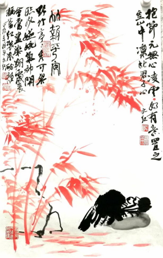 朱墨流韵：从传统到创新的国画之旅 —— 尹文红朱竹作品赏析(图9)